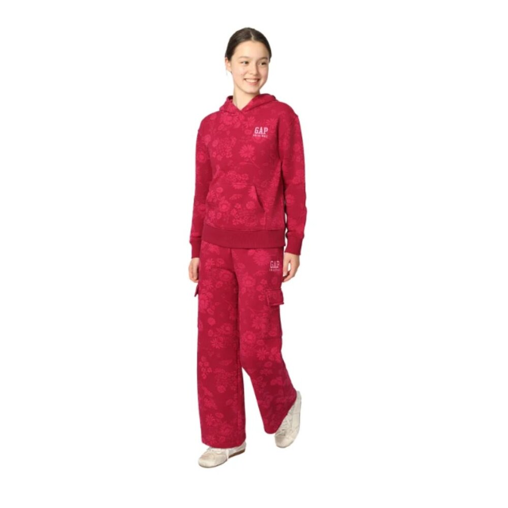 Gap Girls Sweatpants Red Floral Fleece Jogger Cargo Pockets Wide Leg L(14/16) - Picture 7 of 7